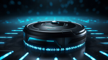 Futuristic neon-lit wireless robot vacuum cleaner with innovative controls removes dust on floor - obrazy, fototapety, plakaty