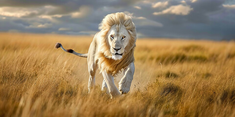 white Lion running the savannah