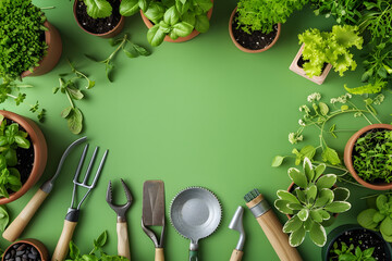 top view of gardening tools and potted plants, isolated on a nature-inspired green background, symbolizing gardening and growth