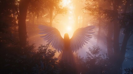 Beautiful angel with wings in misty enchanted forest with sunlight rays.