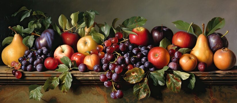 In the painting, a variety of late summer fruits like apples, pears, and plums are arranged neatly on a wooden table, showcasing their vibrant colors and shapes. Each fruit appears fresh and ripe