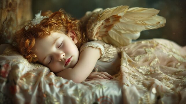 Cute baby girl angel with wings sleep in bed