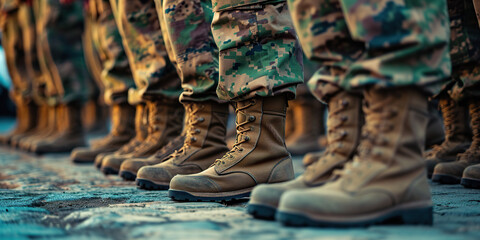 Military boots on the legs of soldiers in a row