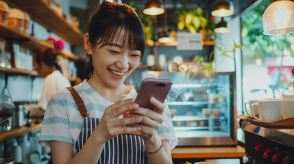 スマホを見ているカフェ店員