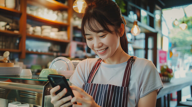 スマホを見ているカフェ店員