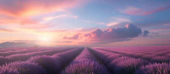 A field of lavender flowers stretches into the horizon as the sun sets in the background, casting a warm, golden light over the serene landscape.