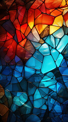 A vibrant digital art piece featuring multicolored, geometric shapes resembling stained glass
