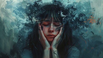 Fototapeta premium woman with hands on face and eyes closed abstract painting