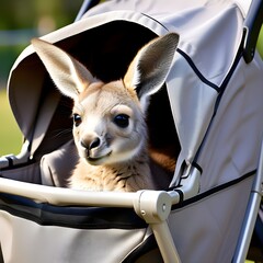 A baby kangaroo peeking out from its mother's pouch, resembling a child peeking out from a stroller or carrier during a walk. Generative AI.