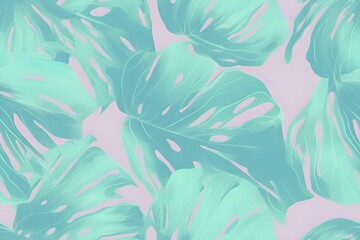 Fototapeta na wymiar Seamless tropic jungle leaves pastel cartoon background pattern in unexpected colors with monstera leaf - abstract illustration for card, wall art, banner, web, poster backdrop decoration