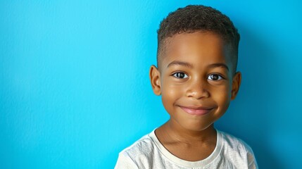 Happy child portrait. Little African American kid boy on blue background - obrazy, fototapety, plakaty
