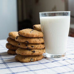 Cozy breakfast. Homemade American cookies with milk.