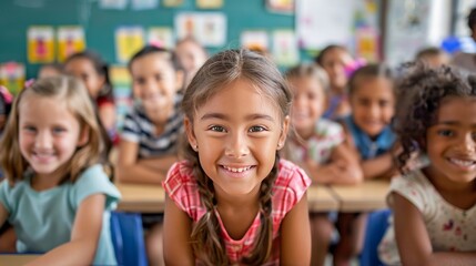 Happy children in a multi-ethnic elementary classroom