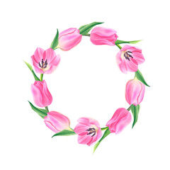 Watercolor wreath of pink tulips on white background. Round frame of flowers. Hand drawn botanical illustration. For design, cards, invitations, congratulations, packaging, printing, advertising.