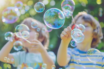 Playing, garden and children blowing bubbles for entertainment, weekend and fun activity together - obrazy, fototapety, plakaty