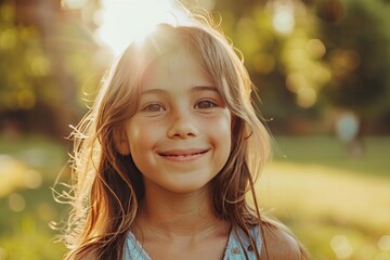 Portrait, young girl and smile in park, happy child outdoor with nature and freedom with positive mindset - obrazy, fototapety, plakaty