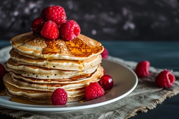 Pancakes with raspberries and maple syrup on a dark background.