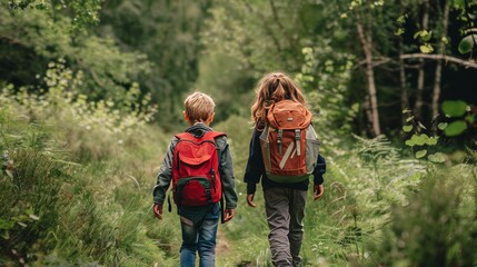 Two school children walking on field trip in nature, talking