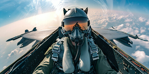 Pilot in flight. Pilot Wearing Mask And Helmet - obrazy, fototapety, plakaty