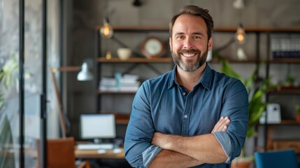 Fototapeta premium Well-groomed handsome man looking at the camera in a new, modern office with good lighting in high resolution