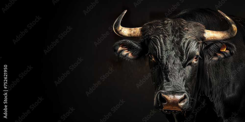 Wall mural portrait of black bull on black background