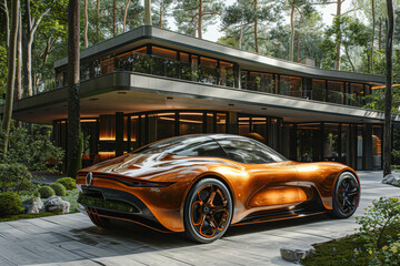 Sleek future car blending with modern forest residence: A vision fulfilled - obrazy, fototapety, plakaty