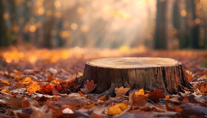 tree stump podium between autumn leaves fall season themed background