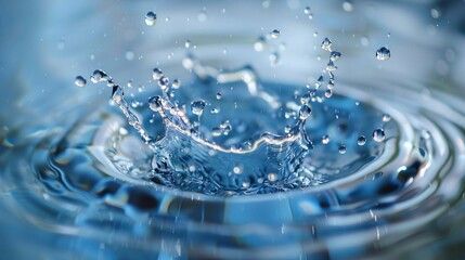 A single splash of water dispersing energetically on a soft blue background, embodying the essence of purity and renewal