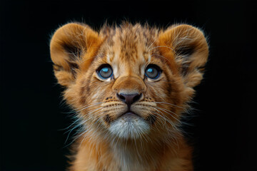 A captivating lion cub looks forward with deep blue eyes, surrounded by darkness, showcasing its detailed fur and innocent expression.