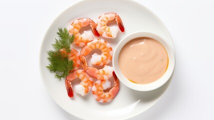 White round plate showcasing jumbo shrimp cocktail accompanied by cocktail sauce, mustard sauce, and mignonette sauce, against a white backdrop, viewed from above