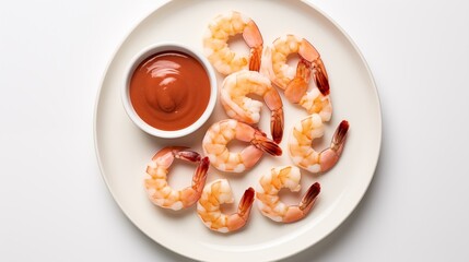 Plate of jumbo shrimp cocktail paired with cocktail sauce, mustard sauce, and mignonette sauce arranged on a white round plate, displayed against a white background in an aerial view - obrazy, fototapety, plakaty
