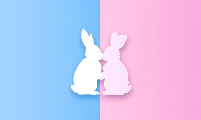 Two rabbits are hugging each other on a blue and pink background