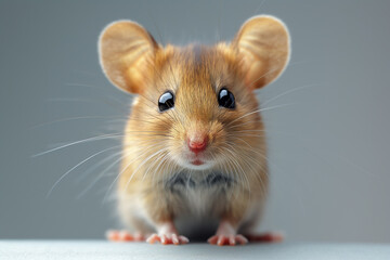 A charming mouse gazes forward with shiny, black eyes, its delicate whiskers and brown fur highlighted, exuding curiosity and cuteness.