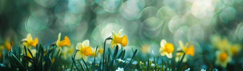 daffodils on top of flowers with blurred background Generative AI - obrazy, fototapety, plakaty