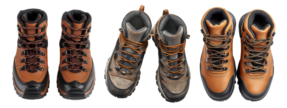 Top view of hiking boots over isolated transparent background
