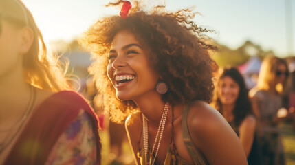 Joyful Young Women Enjoying a Summer Music Festival. Carefree Happiness and Friendship Concept