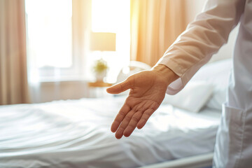 Doctor's hand close up reaching out to help you out of your hospital bed