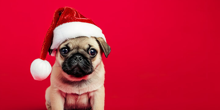 Puppy Pug in a Santas hat isolated on red background