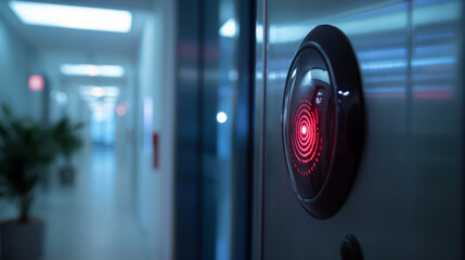 Electronic control machine with finger scan to access on the door of control room or data center, empty corridor with copy space, concept of data privacy, cyber security, identification recognizing.
