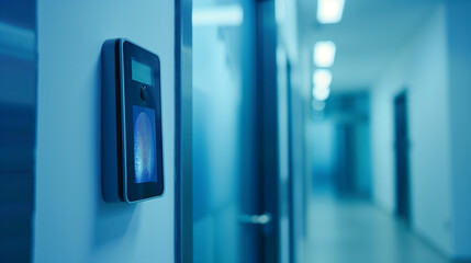Electronic control machine with finger scan to access on the door of control room or data center, empty corridor with copy space, concept of data privacy, cyber security, identification recognizing.
