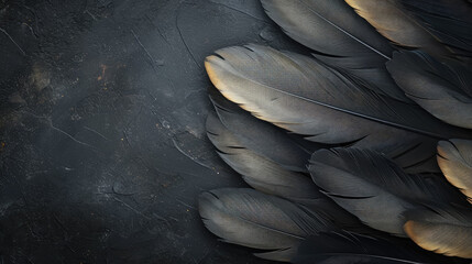 Naklejka premium background of black feathers, bird, magpie, crow, banner, space for text, abstract pattern, nature, plumage, animals, wing, flight, wallpaper, illustration, art, ornithology, fashion