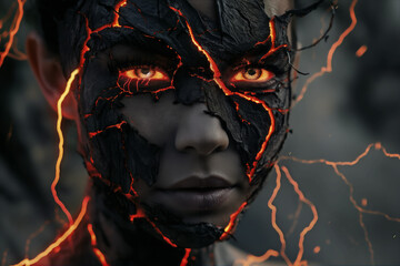 An intense close-up of eyes glowing with fiery light through cracked, lava-like skin, evoking a powerful, mystical presence.