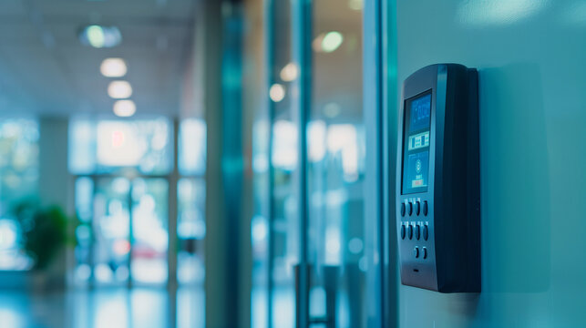 Electronic control machine with finger scan to access on the door of control room or data center, empty corridor with copy space, concept of data privacy, cyber security, identification recognizing.