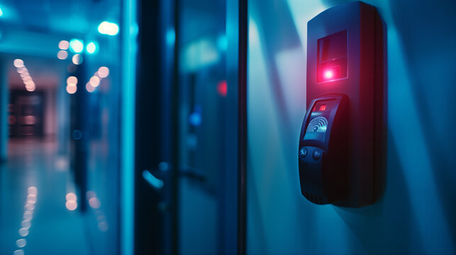 Electronic control machine with finger scan to access on the door of control room or data center, empty corridor with copy space, concept of data privacy, cyber security, identification recognizing.
