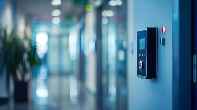 Electronic control machine with finger scan to access on the door of control room or data center, empty corridor with copy space, concept of data privacy, cyber security, identification recognizing.