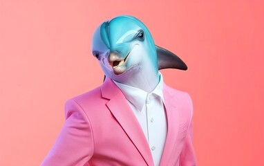 Dolphin in suit businessman fashion on bright pastel background. advertisement. presentation. commercial. editorial. copy text space.