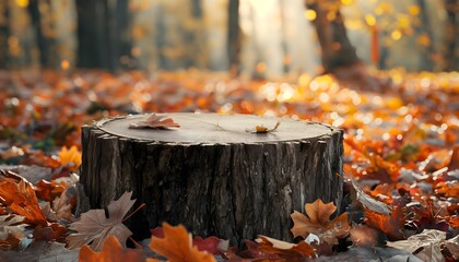 tree stump podium between autumn leaves fall season themed background