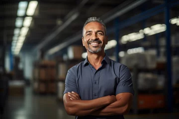 Poster Male warehouse worker portrait standing with arms crossed in warehouse storage. Generative AI. © Brastock Images / AI