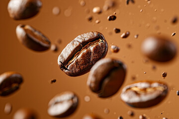 Closeup. Falling roasted coffee beans over brown background. Generative AI.