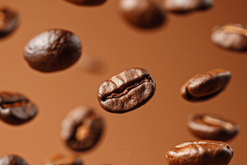 Closeup. Falling roasted coffee beans over brown background. Generative AI.